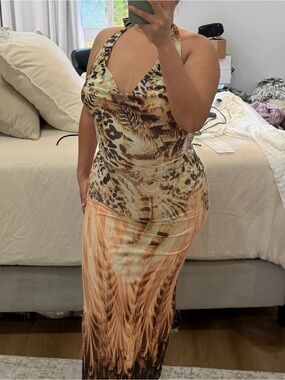 Animal Print Halter Maxi Dress in Brown and Tan